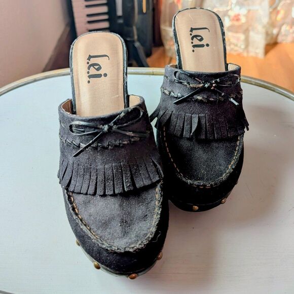 Lei Vintage Y2k Black Tassel Platform Mule Clog Heels - Picture 1 of 7
